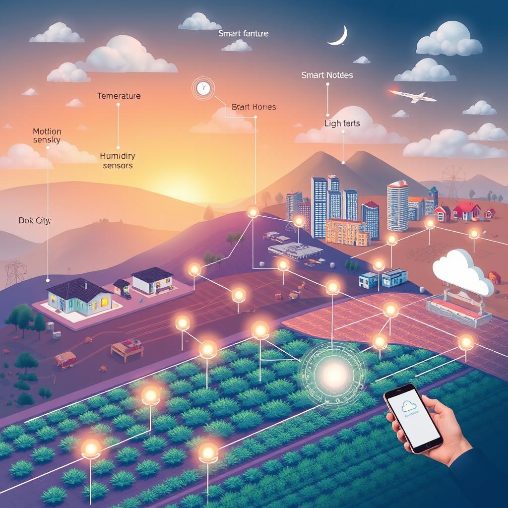 A detailed illustration depicting a modern wireless sensor network, showcasing various types of sensors such as temperature, humidity, motion, and light sensors