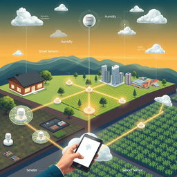 A detailed illustration depicting a modern wireless sensor network, showcasing various types of sensors such as temperature, humidity, motion, and light sensors