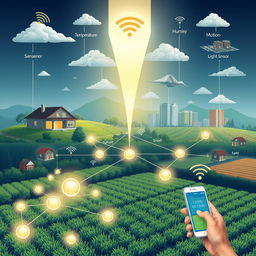 A detailed illustration depicting a modern wireless sensor network, showcasing various types of sensors such as temperature, humidity, motion, and light sensors