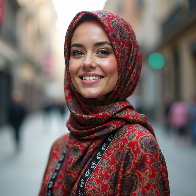 A beautiful woman wearing a stylish hijab, showcasing vibrant colors and intricate patterns