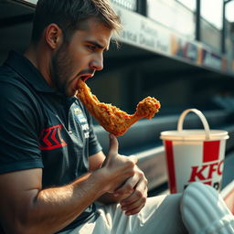 A close-up shot of a cricket player wearing a sweat-soaked jersey sitting in the dugout, intensely focused while devouring a crispy KFC drumstick