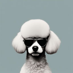 A high-quality digital art image featuring a poodle wearing classic black aviator sunglasses, with a simple, solid color background that puts the focus entirely on the poodle