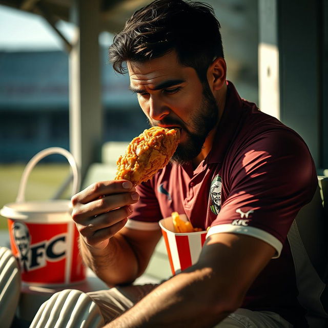 A close-up shot of a cricket player wearing a sweat-soaked jersey sitting in the dugout, intensely focused while devouring a crispy KFC drumstick