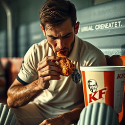 A close-up shot of a cricket player wearing a sweat-soaked jersey sitting in the dugout, intensely focused while devouring a crispy KFC drumstick