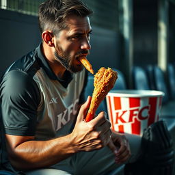 A close-up shot of a cricket player wearing a sweat-soaked jersey sitting in the dugout, intensely focused while devouring a crispy KFC drumstick