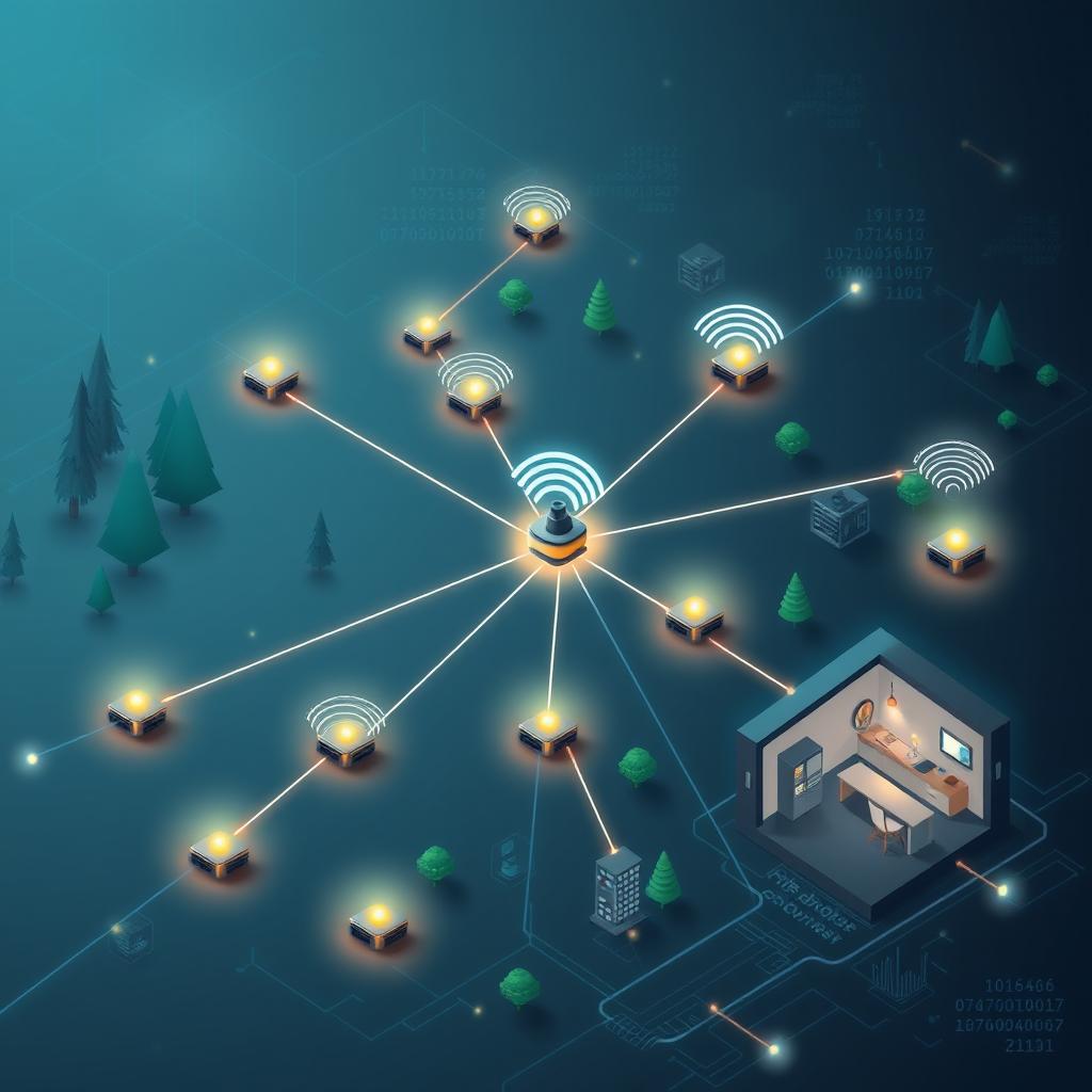 A conceptual illustration of a wireless sensor network, showcasing multiple sensors distributed across a wide area, connected wirelessly