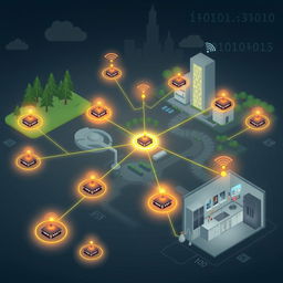 A conceptual illustration of a wireless sensor network, showcasing multiple sensors distributed across a wide area, connected wirelessly