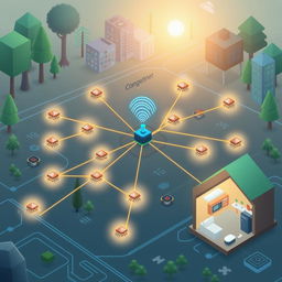 A conceptual illustration of a wireless sensor network, showcasing multiple sensors distributed across a wide area, connected wirelessly