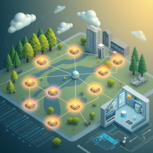 A conceptual illustration of a wireless sensor network, showcasing multiple sensors distributed across a wide area, connected wirelessly