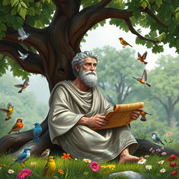 A serene natural setting featuring Aristotle sitting under a large, leafy tree