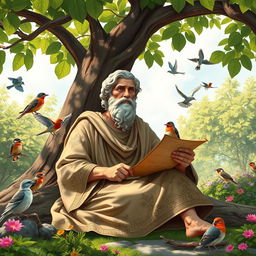 A serene natural setting featuring Aristotle sitting under a large, leafy tree