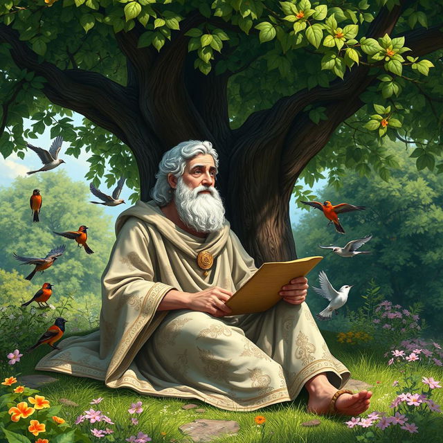 A serene natural setting featuring Aristotle sitting under a large, leafy tree