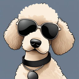 A high-quality digital art image featuring a poodle wearing classic black aviator sunglasses, with a simple, solid color background that puts the focus entirely on the poodle