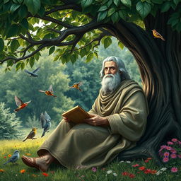 A serene natural setting featuring Aristotle sitting under a large, leafy tree