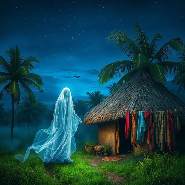 A haunting scene depicting a ghostly figure in a lush, vibrant Nigerian landscape