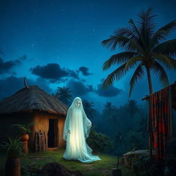 A haunting scene depicting a ghostly figure in a lush, vibrant Nigerian landscape