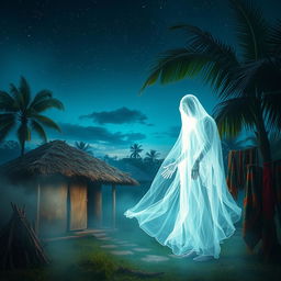 A haunting scene depicting a ghostly figure in a lush, vibrant Nigerian landscape