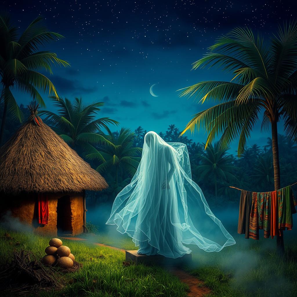 A haunting scene depicting a ghostly figure in a lush, vibrant Nigerian landscape