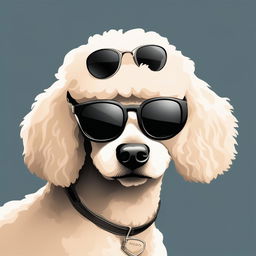 A high-quality digital art image featuring a poodle wearing classic black aviator sunglasses, with a simple, solid color background that puts the focus entirely on the poodle