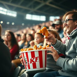 A medium shot capturing a diverse group of fans in the stadium stands, including families and friends, happily passing around a KFC bucket filled with chicken