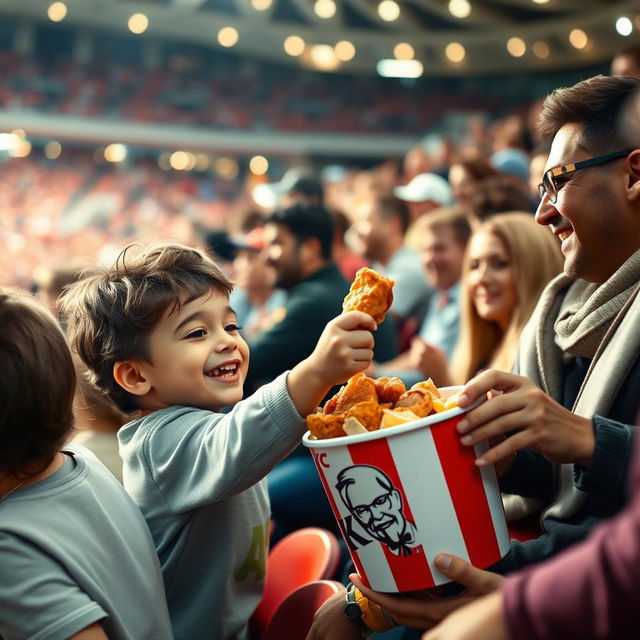 A medium shot capturing a diverse group of fans in the stadium stands, including families and friends, happily passing around a KFC bucket filled with chicken