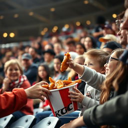 A medium shot capturing a diverse group of fans in the stadium stands, including families and friends, happily passing around a KFC bucket filled with chicken