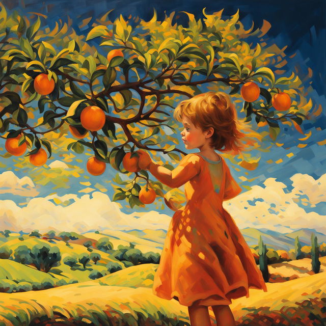 This is a fine art impressionistic style painting of a 4-year-old girl in a sundress, picking mandarins from a tree in Tuscany