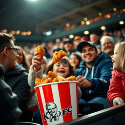 A medium shot capturing a diverse group of fans in the stadium stands, including families and friends, happily passing around a KFC bucket filled with chicken
