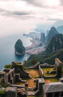 A breathtaking landscape featuring a dramatic transition from a serene sea to majestic mountains