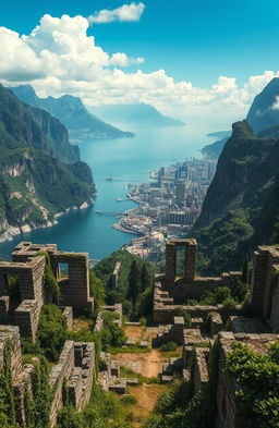 A breathtaking landscape featuring a dramatic transition from a serene sea to majestic mountains
