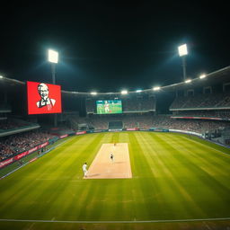 A sweeping drone shot capturing the action over the cricket field as a batsman hits a boundary