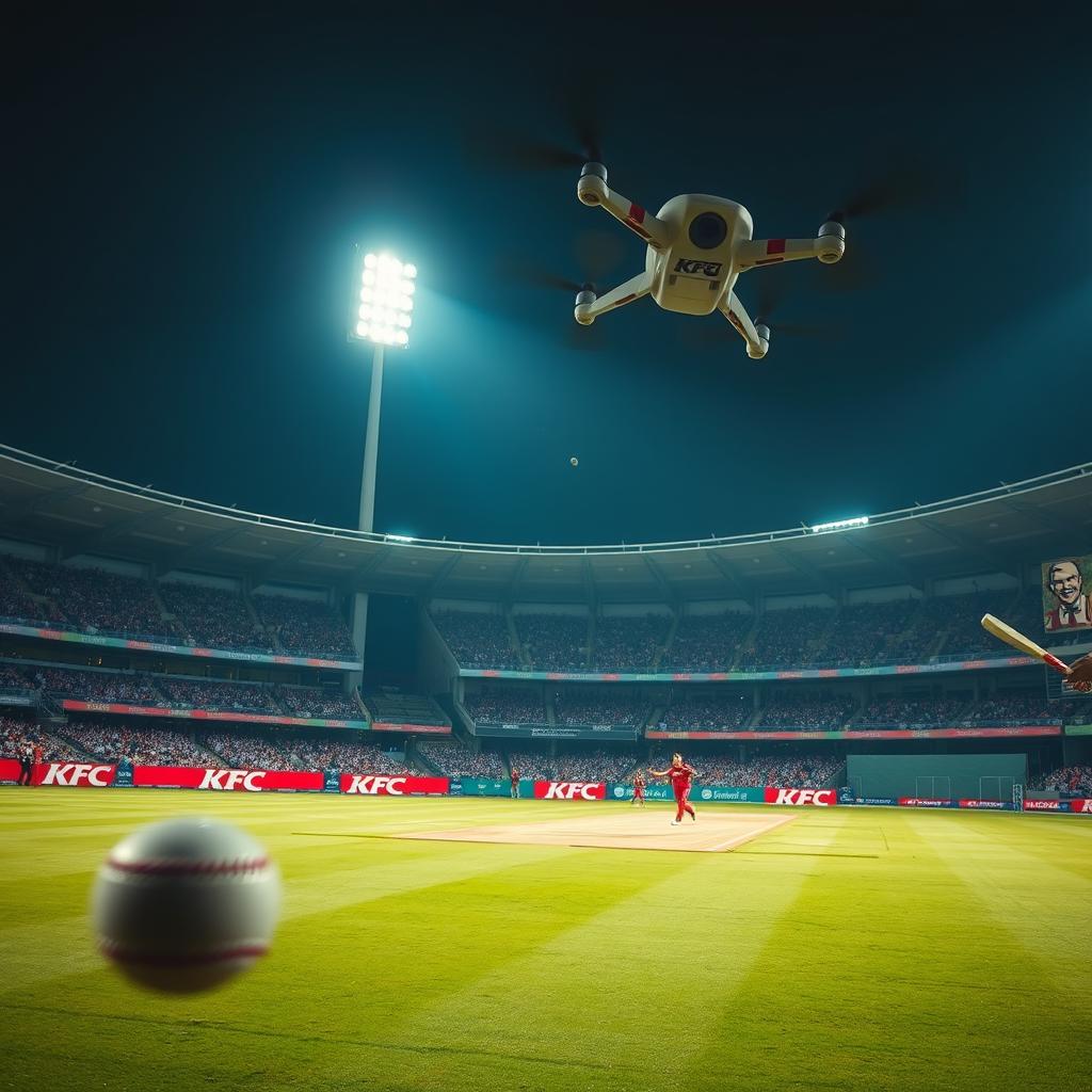 A sweeping drone shot capturing the action over the cricket field as a batsman hits a boundary