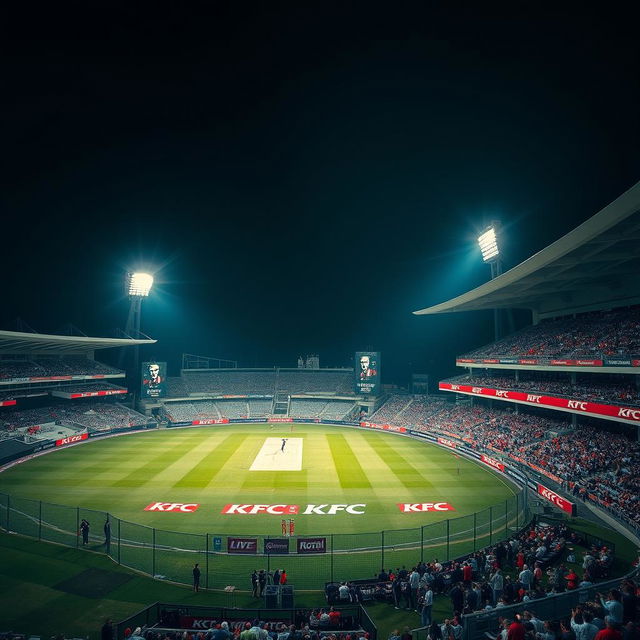 A sweeping drone shot capturing the action over the cricket field as a batsman hits a boundary