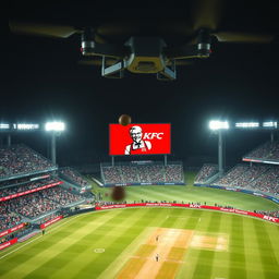 A sweeping drone shot capturing the action over the cricket field as a batsman hits a boundary