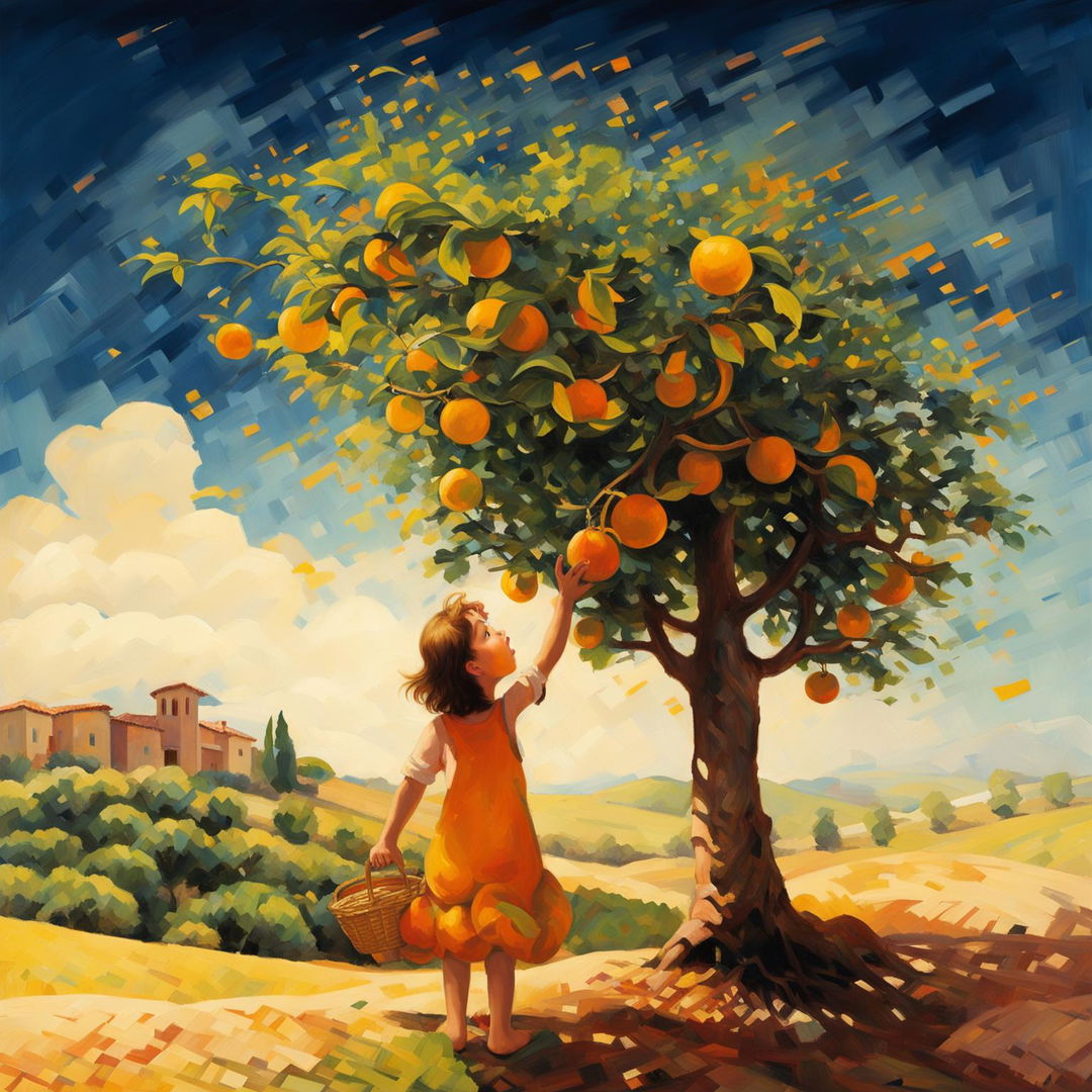 This is a wide-angle, impressionistic style painting of a 4-year-old girl in a sundress and sun hat, picking mandarins from a tree in Tuscany