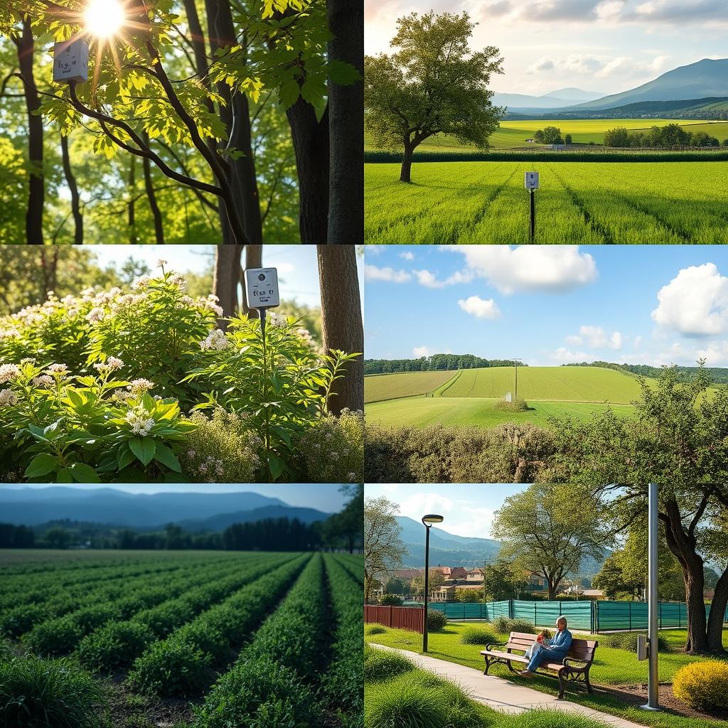 A collection of natural scenes depicting wireless sensor networks in various environments