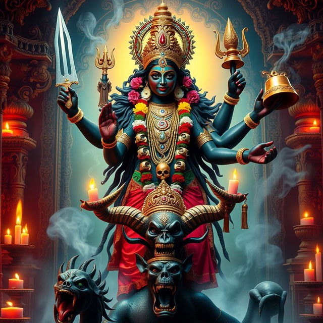 A representation of Mother Kali, the Hindu goddess, depicted with dark skin and a fierce yet compassionate expression