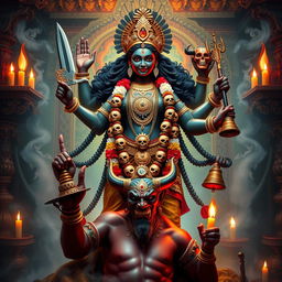 A representation of Mother Kali, the Hindu goddess, depicted with dark skin and a fierce yet compassionate expression