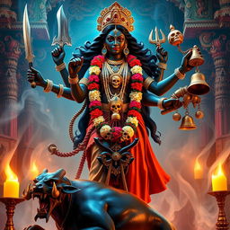 A representation of Mother Kali, the Hindu goddess, depicted with dark skin and a fierce yet compassionate expression