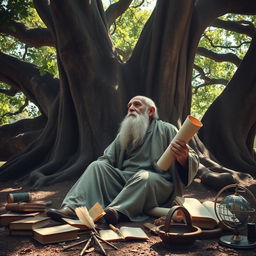 An aged philosopher sitting peacefully under a large, majestic oak tree, holding a rolled scroll in one hand and gazing thoughtfully into the horizon