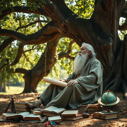 An aged philosopher sitting peacefully under a large, majestic oak tree, holding a rolled scroll in one hand and gazing thoughtfully into the horizon