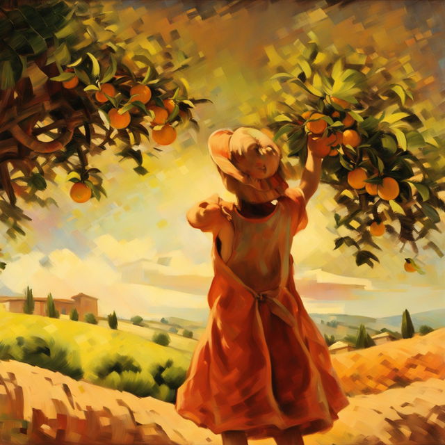 An impressionistic painting captures a 4-year-old girl in a sundress and sun hat, picking mandarins from a tree in Tuscany