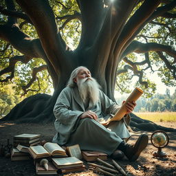An aged philosopher sitting peacefully under a large, majestic oak tree, holding a rolled scroll in one hand and gazing thoughtfully into the horizon