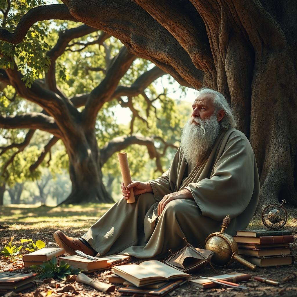 An aged philosopher sitting peacefully under a large, majestic oak tree, holding a rolled scroll in one hand and gazing thoughtfully into the horizon