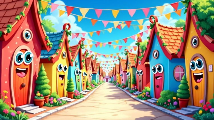 A vibrant streetscape filled with whimsical animated houses adorned with festive decorations, each designed to resemble happy, cheerful faces