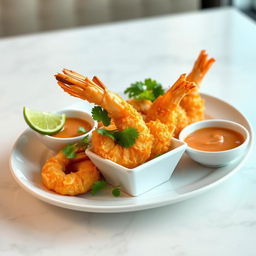 A realistic and appetizing photo of a crispy coconut prawn dish, beautifully plated