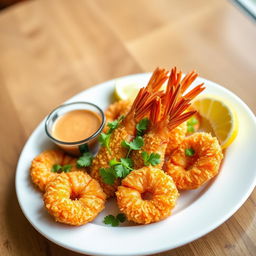 A realistic and appetizing photo of a crispy coconut prawn dish, beautifully plated