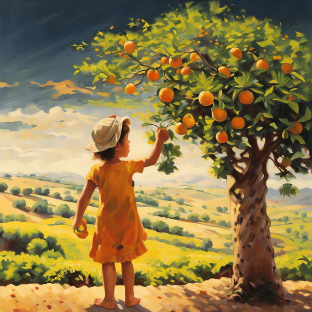 An impressionistic fine art painting capturing a 4-year-old girl, in full body view, picking mandarins from a tree in Tuscany