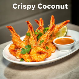 A realistic and appetizing photo of a crispy coconut prawn dish, beautifully plated