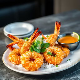 A realistic and appetizing photo of a crispy coconut prawn dish, beautifully plated